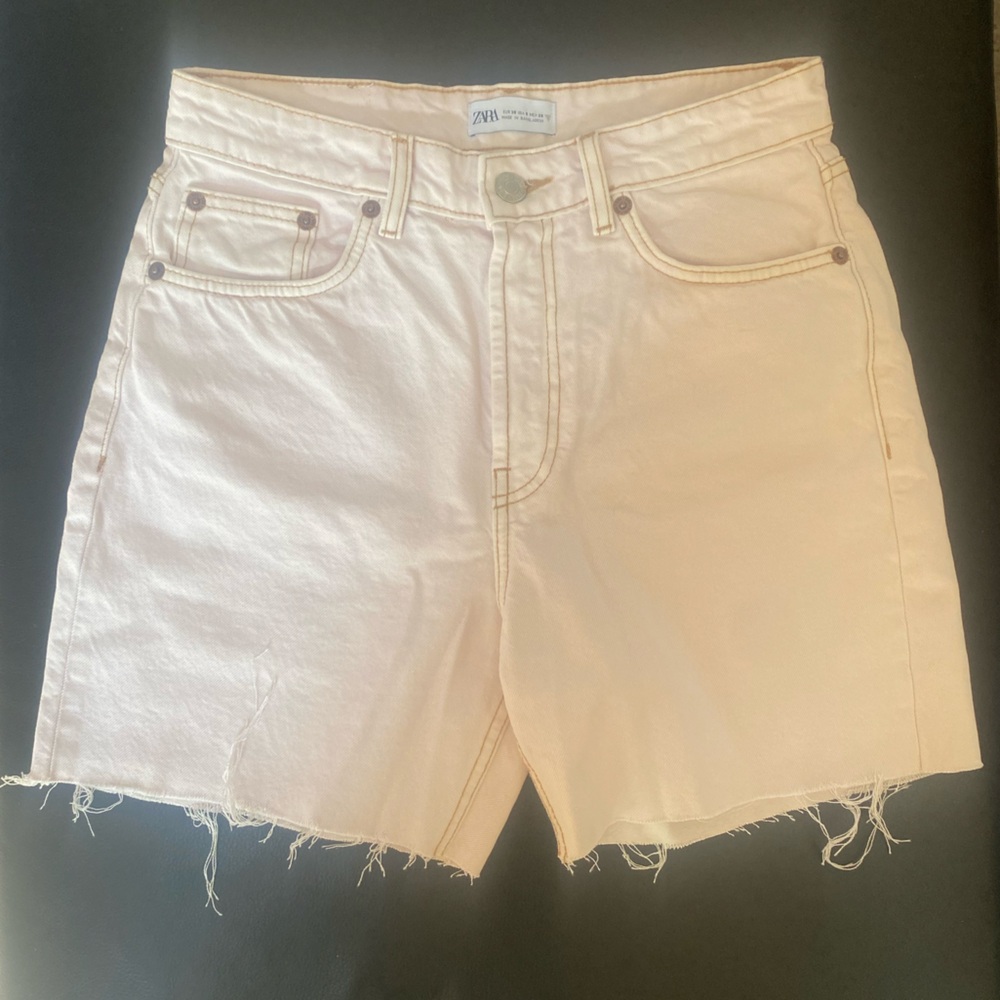 Zara Cream Jean Shorts with Distressed Hem